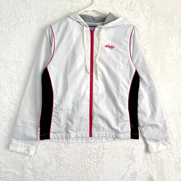 Reebok Full Zip Hoodie Pockets Track Outdoor Windbreaker Jacket Womens L White - Picture 1 of 9